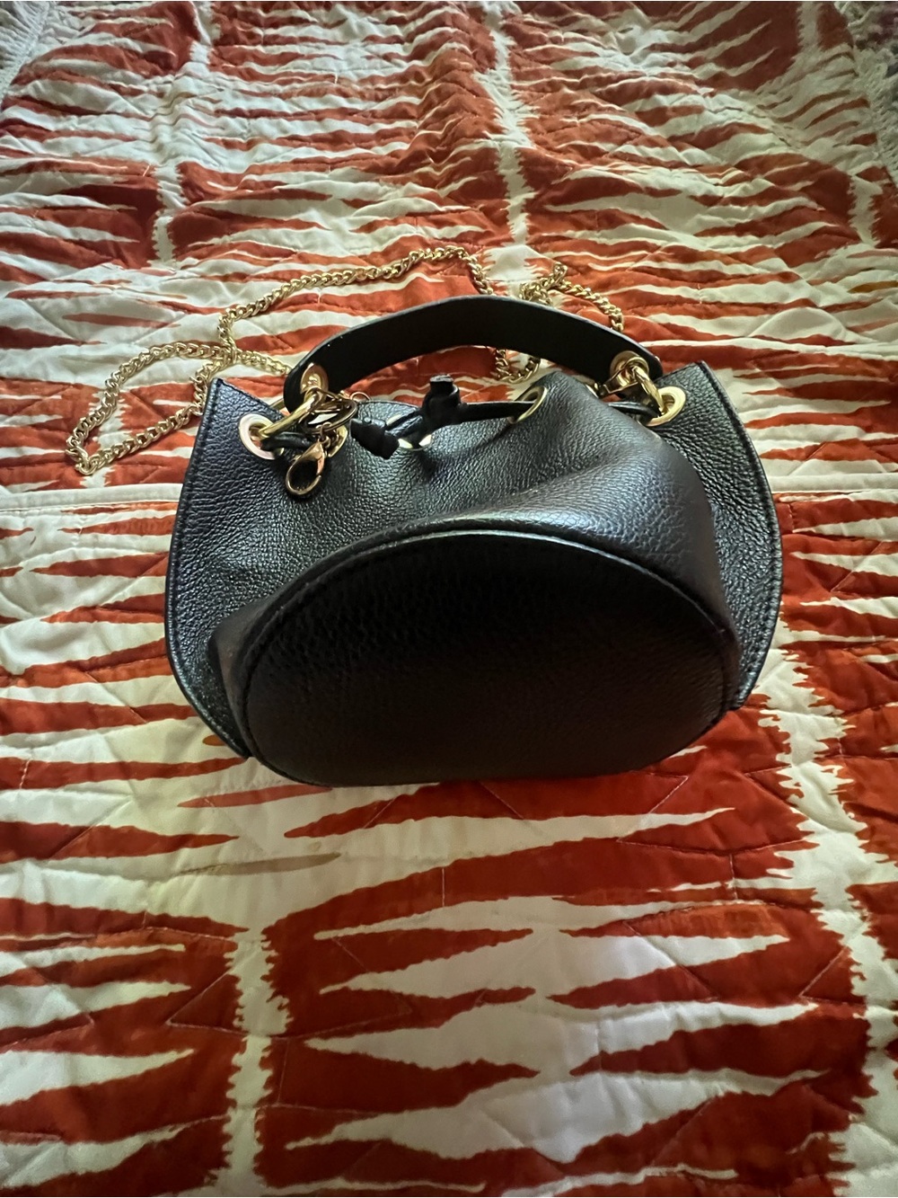 Anna Paola Black Leather Bucket Bag with Gold-tine chain and hardware - Picture 3 of 14